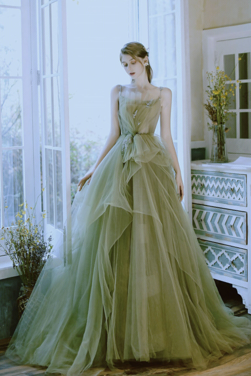 Green Tulle Long A-Line Prom Dress, Green Spaghetti Strap Evening Dress