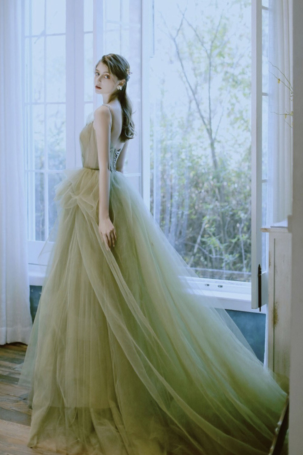 Green Tulle Long A-Line Prom Dress, Green Spaghetti Strap Evening Dres Green Tulle Long A-Line Prom Dress, Green Spaghetti Strap Evening Dres