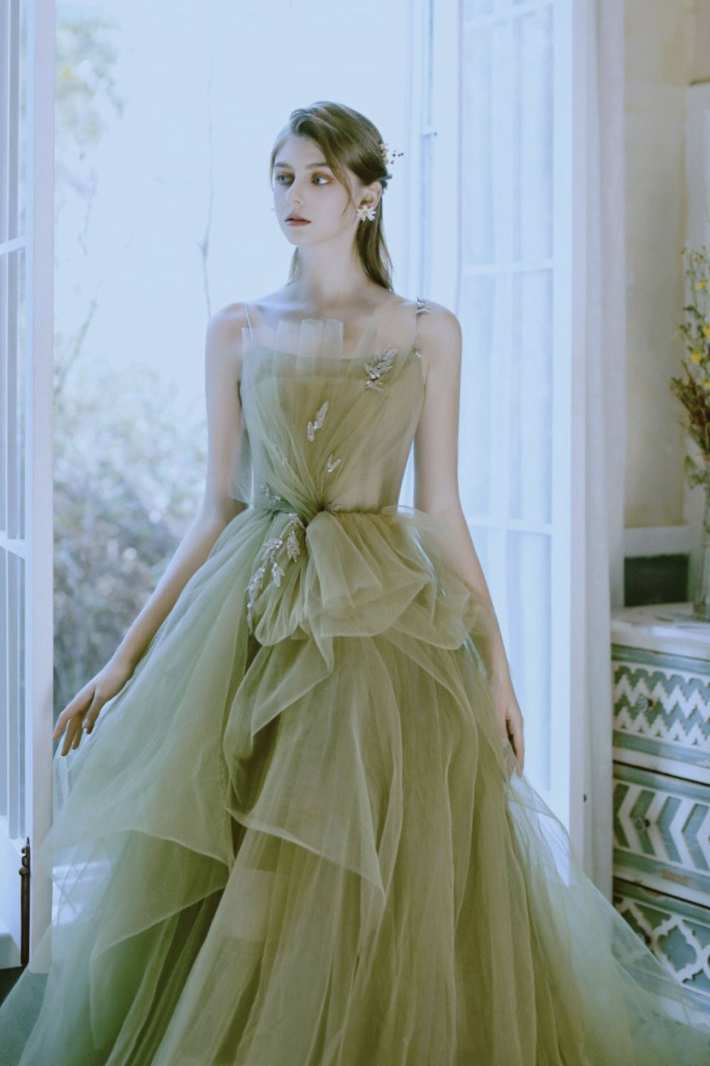 Green Tulle Long A-Line Prom Dress, Green Spaghetti Strap Evening Dres Green Tulle Long A-Line Prom Dress, Green Spaghetti Strap Evening Dres
