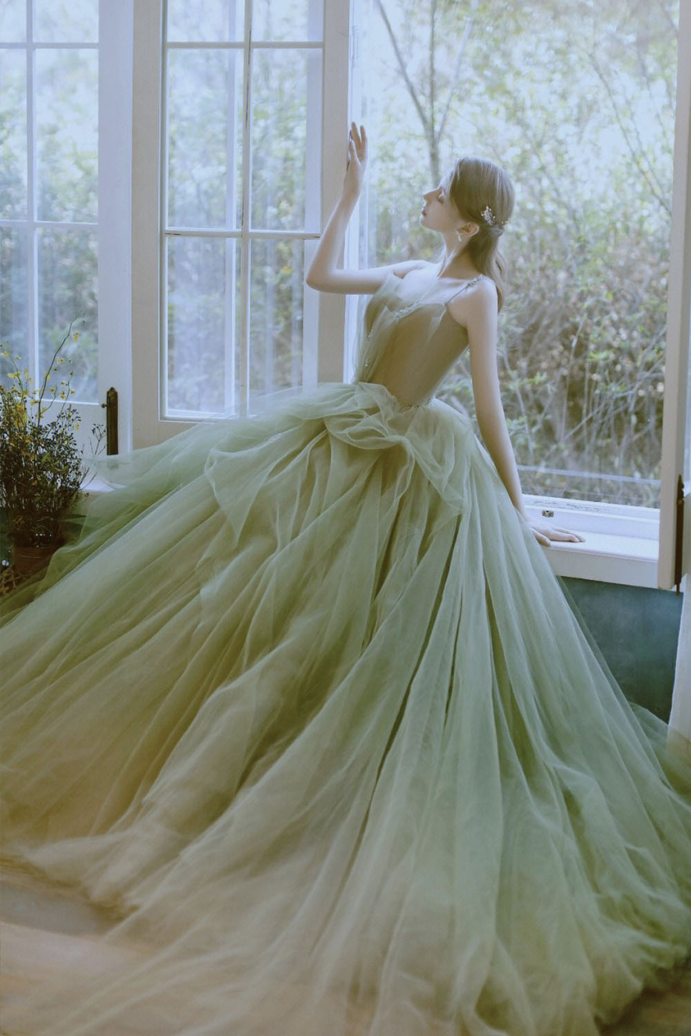 Green Tulle Long A-Line Prom Dress, Green Spaghetti Strap Evening Dress