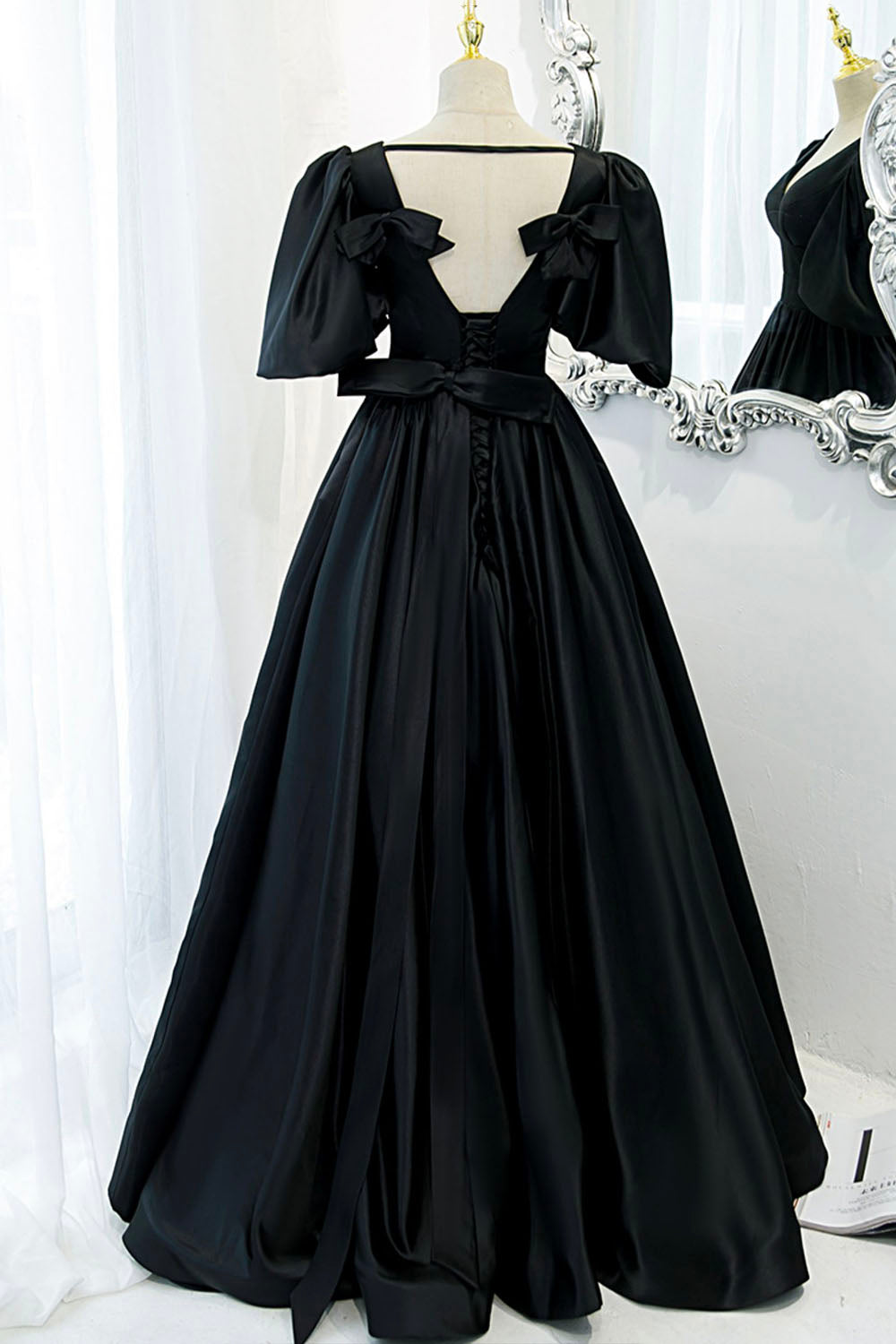 Black V-Neck Satin Long Prom Dress, A-Line Short Sleeve Evening Dress