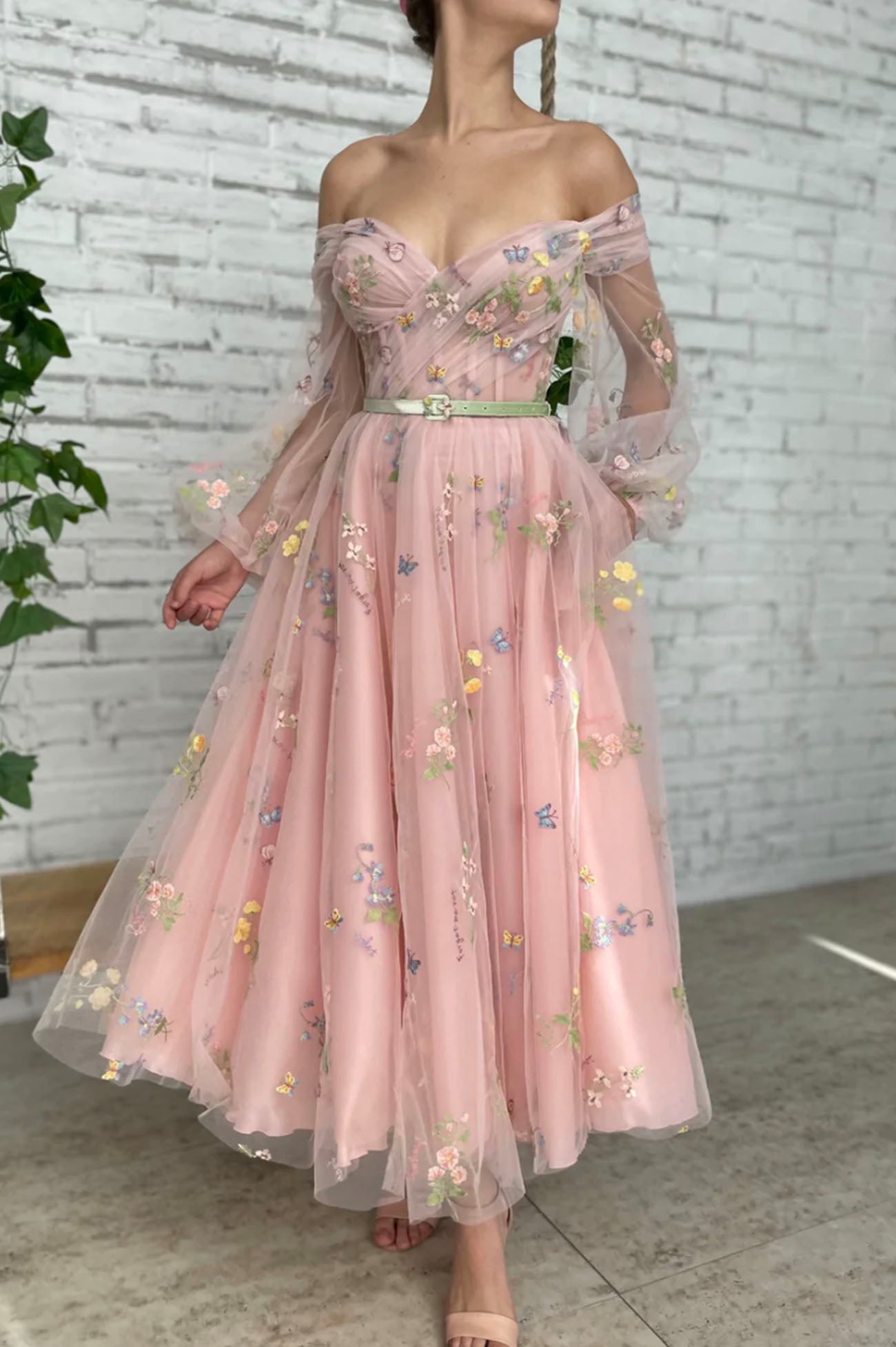 Pink Tulle Lace Short Prom Dress, Long Sleeve Evening Graduation Dress