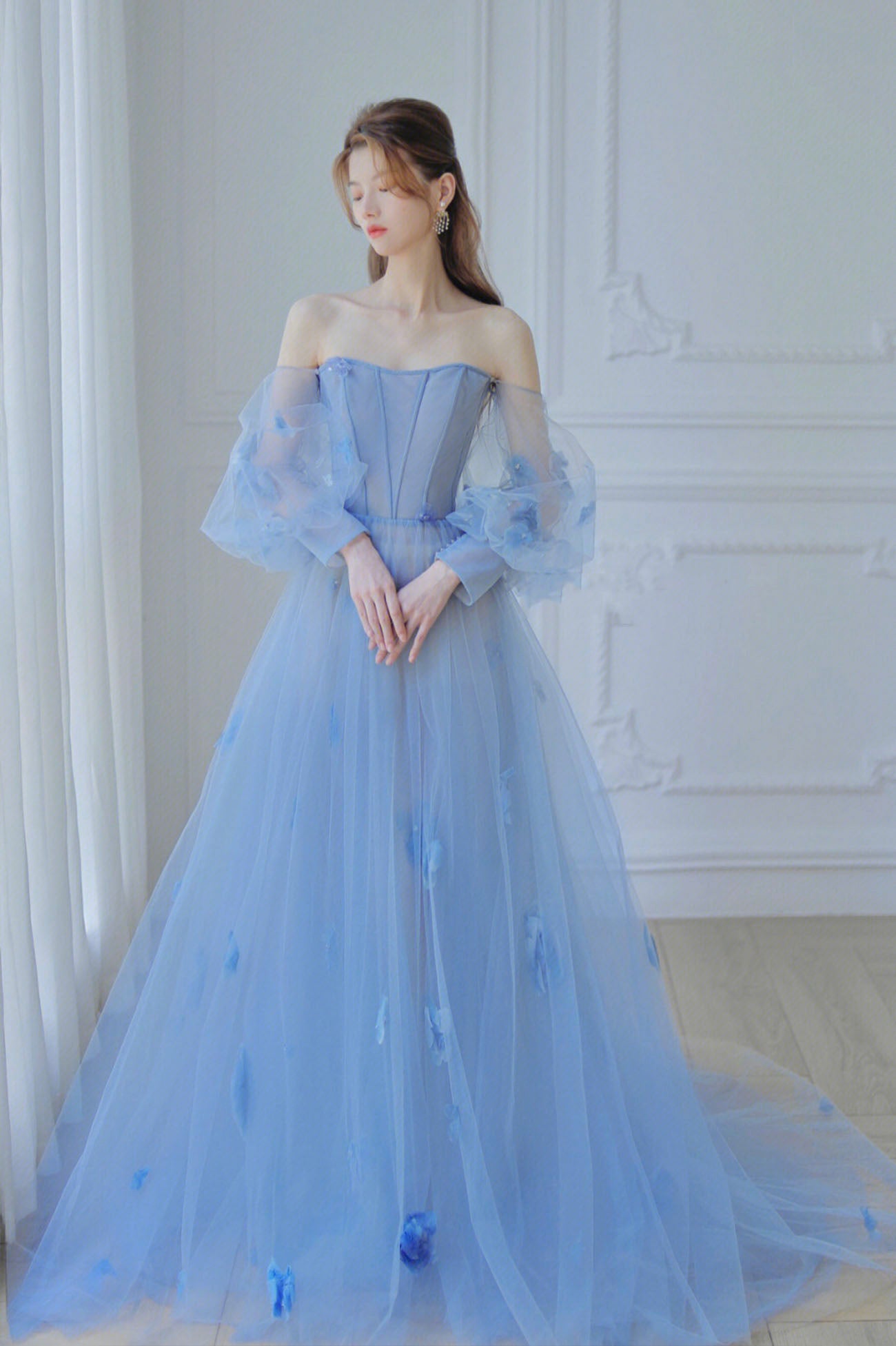 Blue Tulle Long Sleeve Prom Dress, Off the Shoulder Evening Graduation Blue Tulle Long Sleeve Prom Dress, Off the Shoulder Evening Graduation