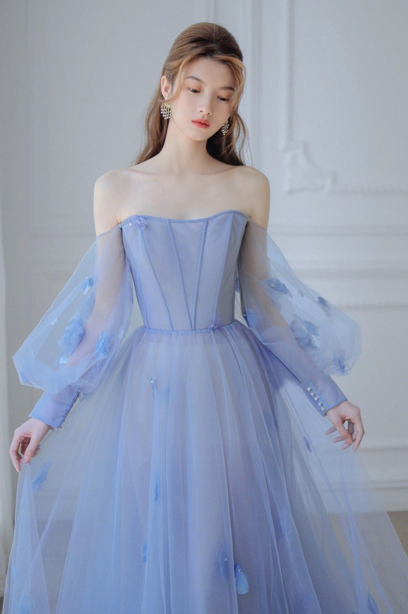Blue Tulle Long Sleeve Prom Dress, Off the Shoulder Evening Graduation Blue Tulle Long Sleeve Prom Dress, Off the Shoulder Evening Graduation