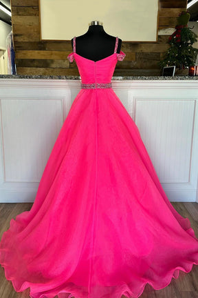 Off Shoulder Tulle Beaded Long Formal Dress, Hot Pink Evening Party Dress