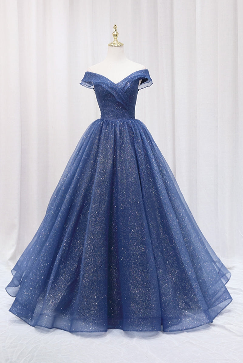 Blue Shiny Tulle Off the Shoulder Prom Dress, Blue V-Neck Evening Dress