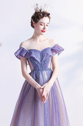 Purple Scoop Neckline Tulle Long Prom Dress, A-Line Formal Evening Dress