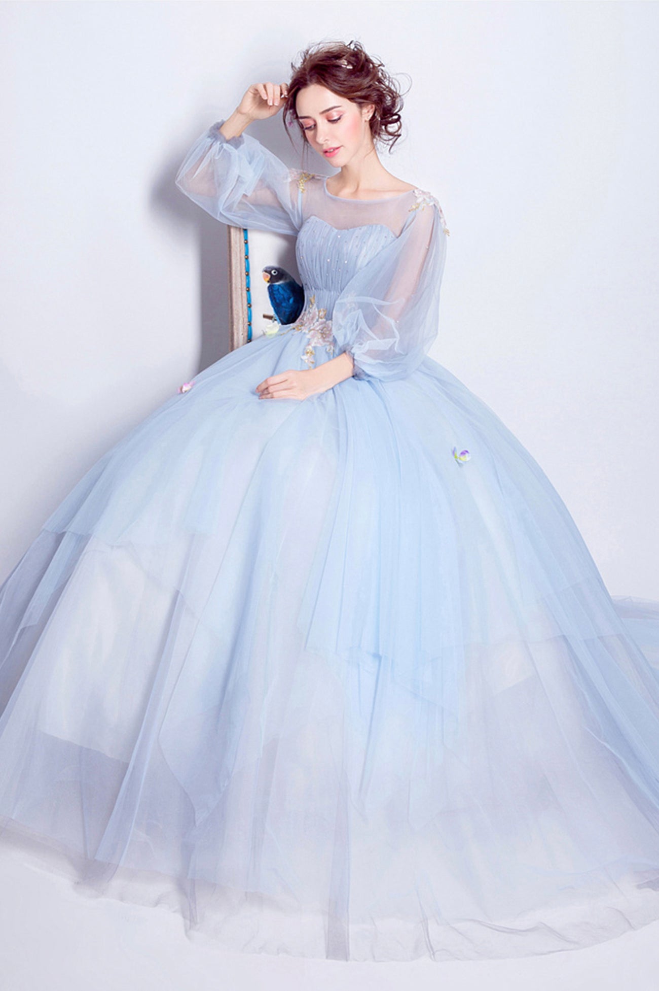 Blue Tulle Long A-Line Prom Dress, Long Sleeve Lace Formal Gown