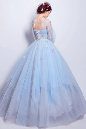 Blue Tulle Long A-Line Prom Dress, Long Sleeve Lace Formal Gown