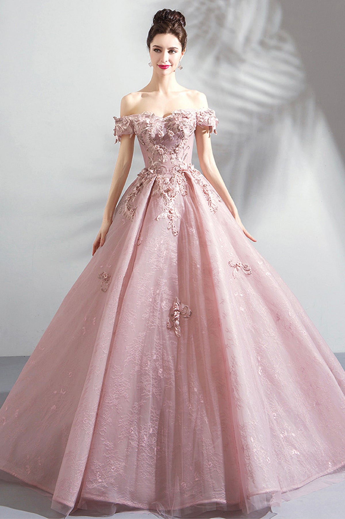 Pink Tulle Lace Long Formal Party Dress, Off the Shoulder Evening Dress