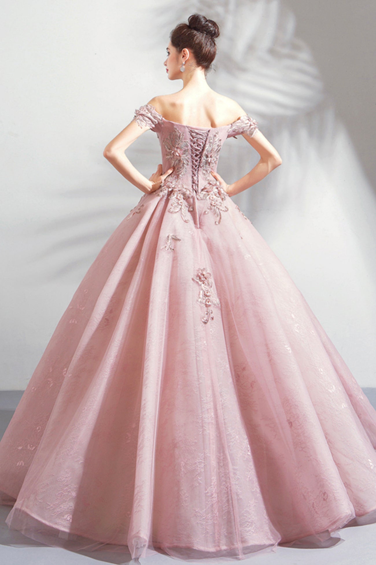 Pink Tulle Lace Long Formal Party Dress, Off the Shoulder Evening Dress