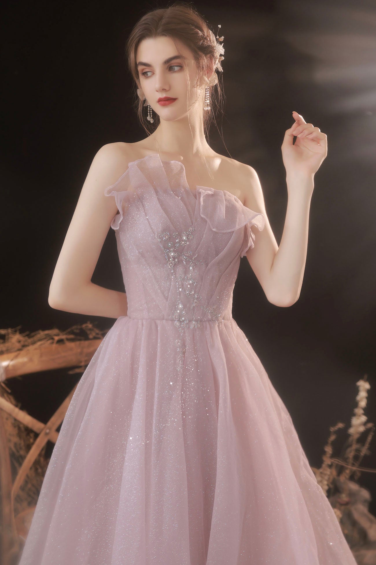 Pink Tulle Long A-Line Prom Dress, Pink Strapless Evening Party Dress