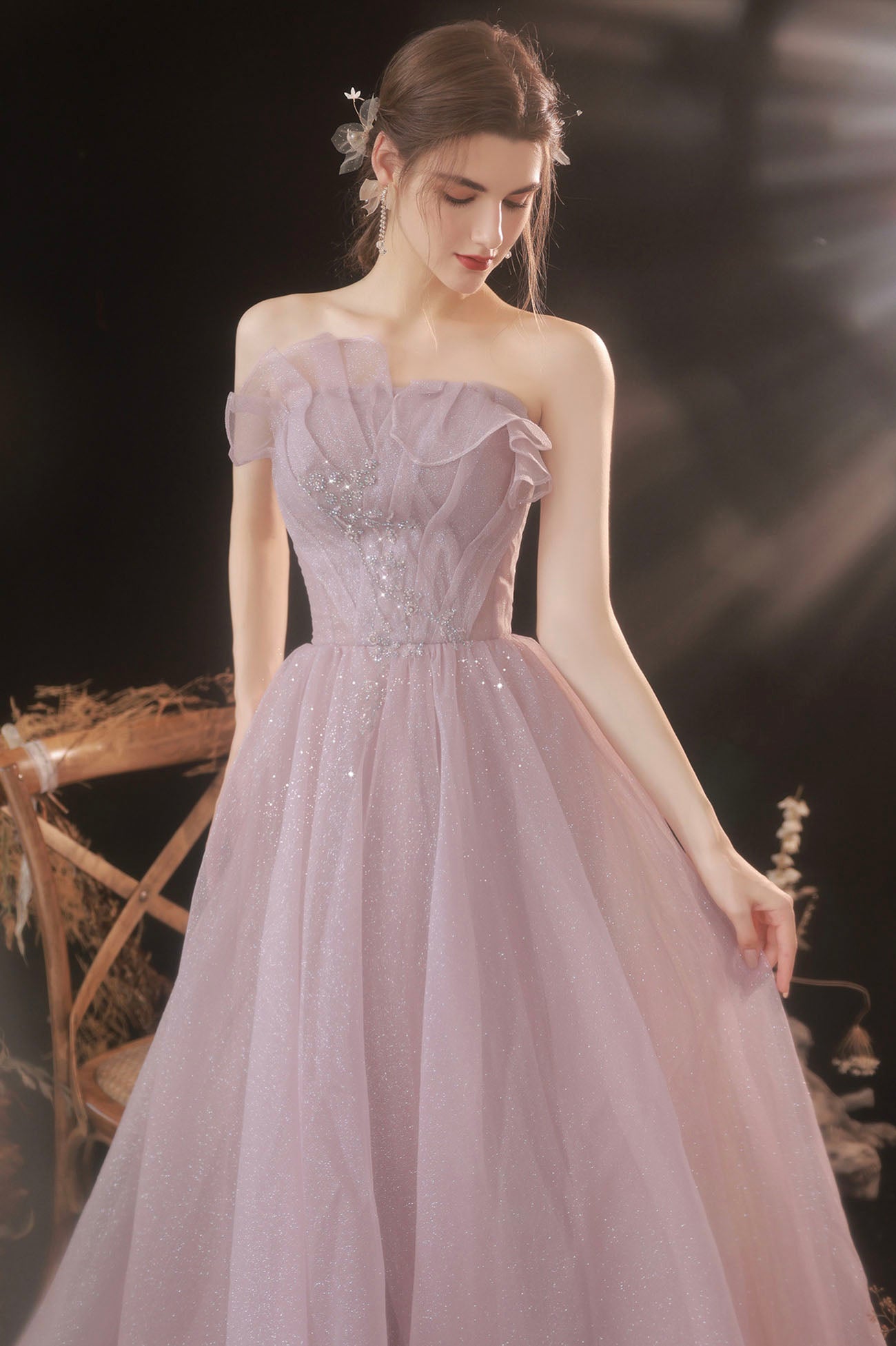 Pink Tulle Long A-Line Prom Dress, Pink Strapless Evening Party Dress
