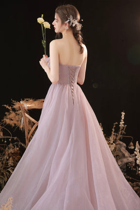 Pink Tulle Long A-Line Prom Dress, Pink Strapless Evening Party Dress