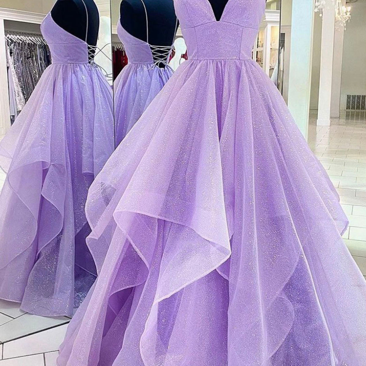 Purple Tulle Long A-Line Prom Dress, Beautiful Spaghetti Strap Formal