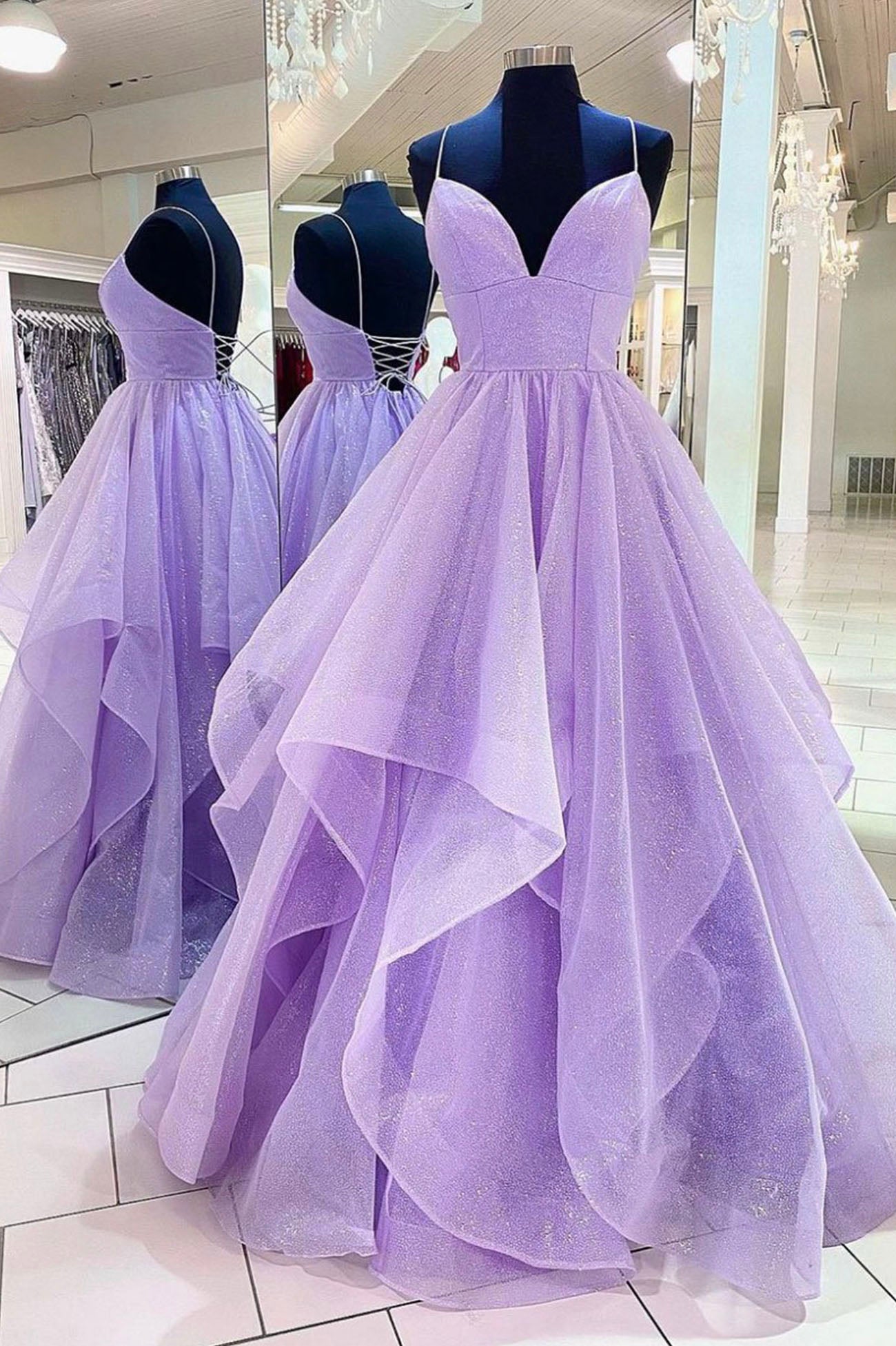 Purple Tulle Long A-Line Prom Dress, Beautiful Spaghetti Strap Formal Evening Dress