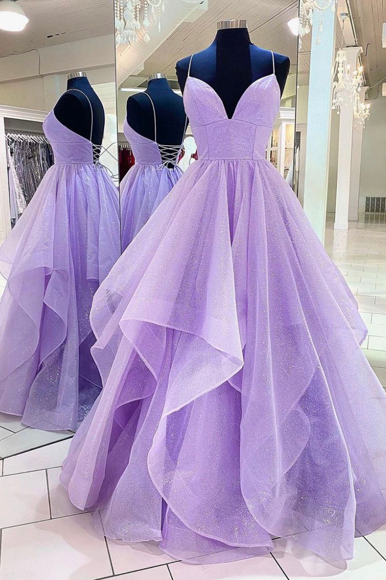 Purple Tulle Long A-Line Prom Dress, Beautiful Spaghetti Strap Formal