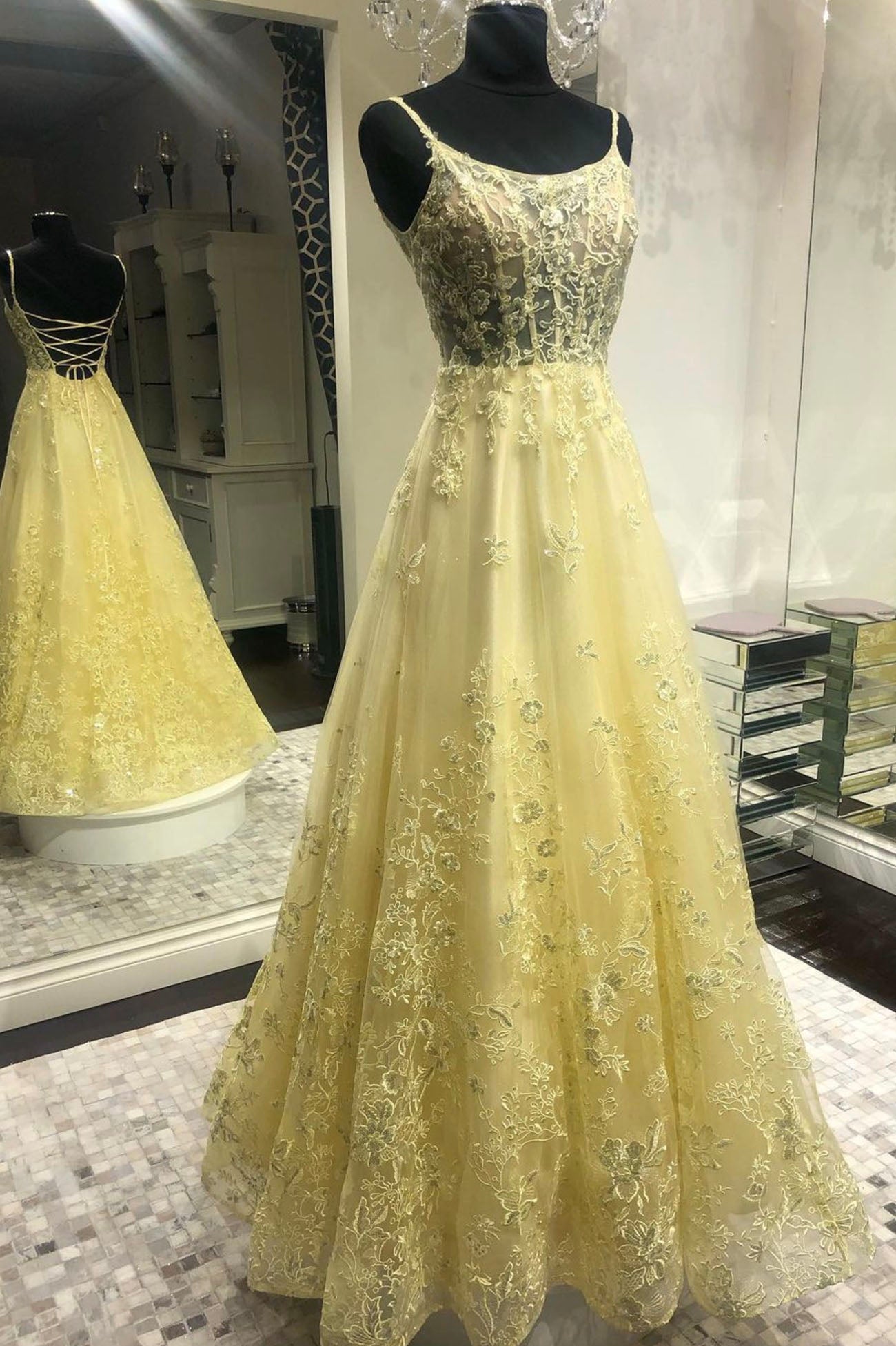 Yellow Tulle Long Prom Dress with Lace, A-Line Backless Party Dress