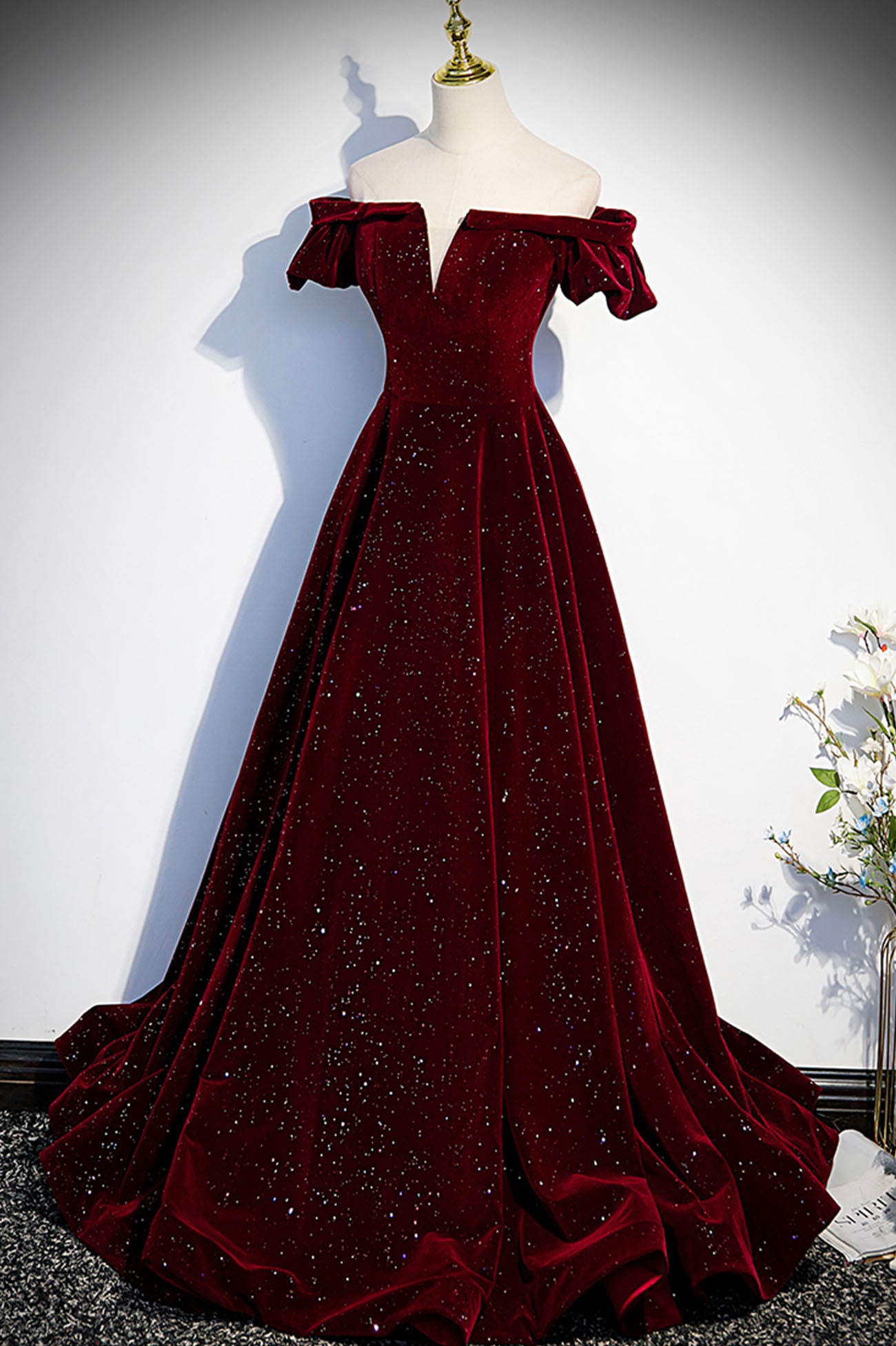 Burgundy Velvet Long Prom Dress, A-Line Off the Shoulder Evening Dress Burgundy Velvet Long Prom Dress, A-Line Off the Shoulder Evening Dress