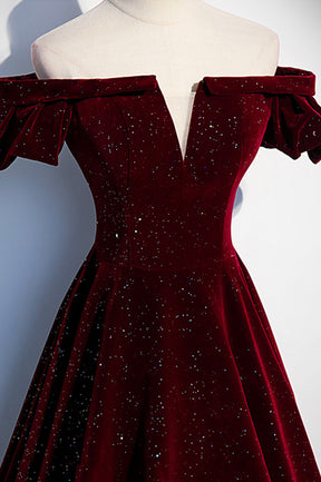 Burgundy Velvet Long Prom Dress, A-Line Off the Shoulder Evening Dress