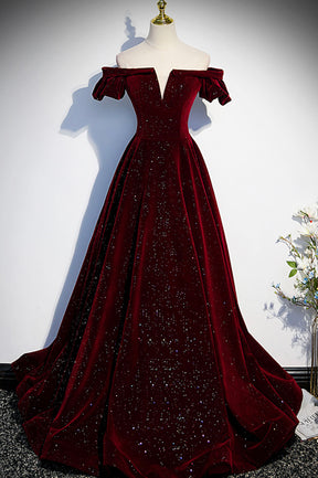 Burgundy Velvet Long Prom Dress, A-Line Off the Shoulder Evening Dress