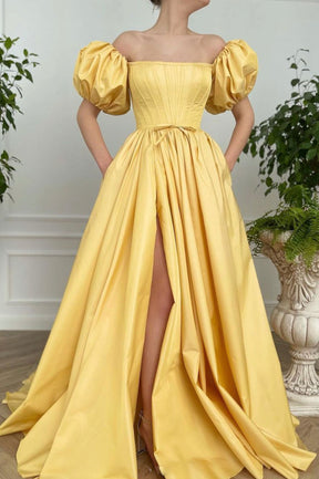 Yellow Satin Long A-Line Prom Dress, Cute Short Sleeve Evening Dress with Slit