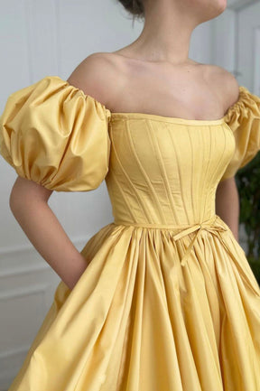 Yellow Satin Long A-Line Prom Dress, Cute Short Sleeve Evening Dress with Slit