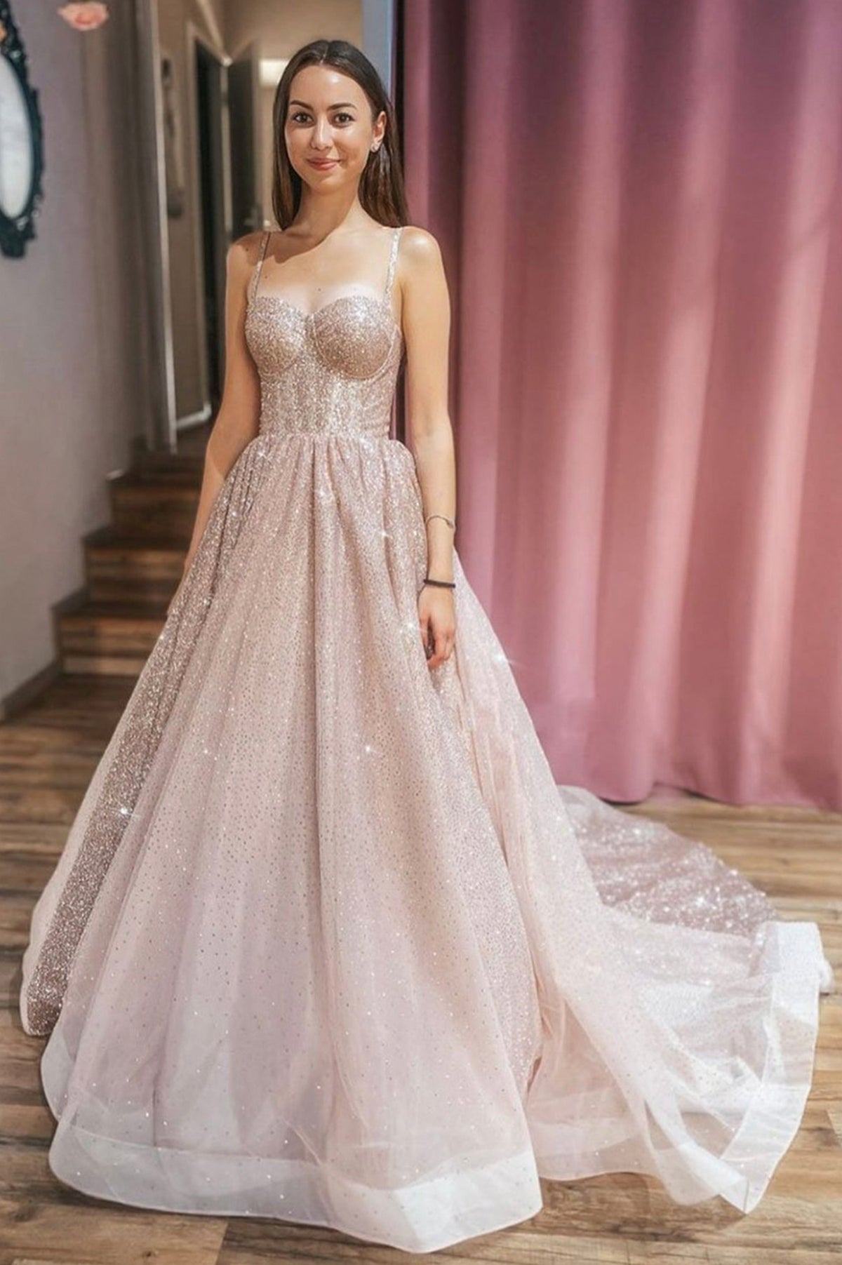 Champagne Spaghetti Strap Tulle Sequins Evening Dress, A-Line Party Dress