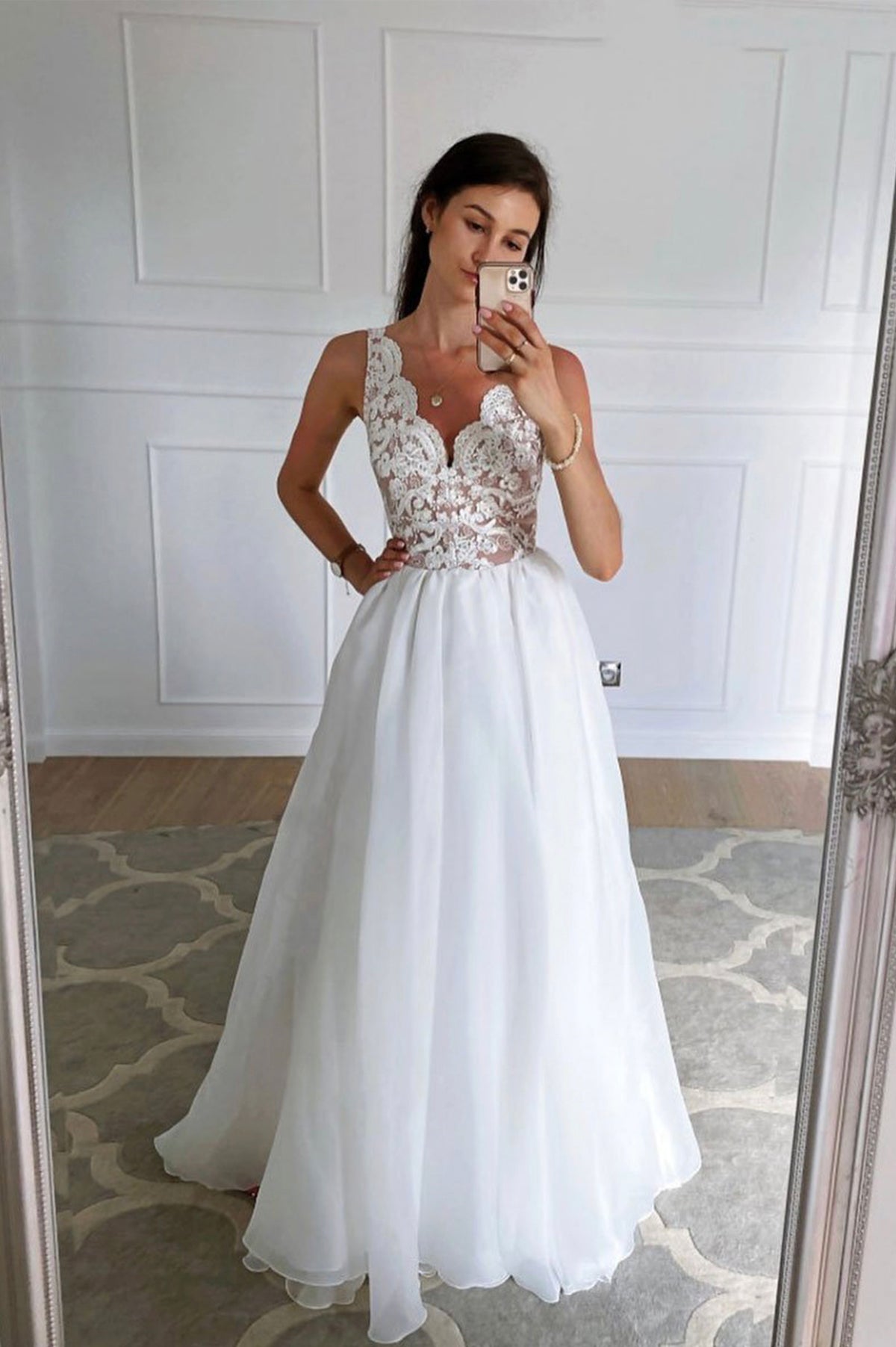 White Lace Long A-Line Prom Dress, Cute V-Neck Organza Party Dress