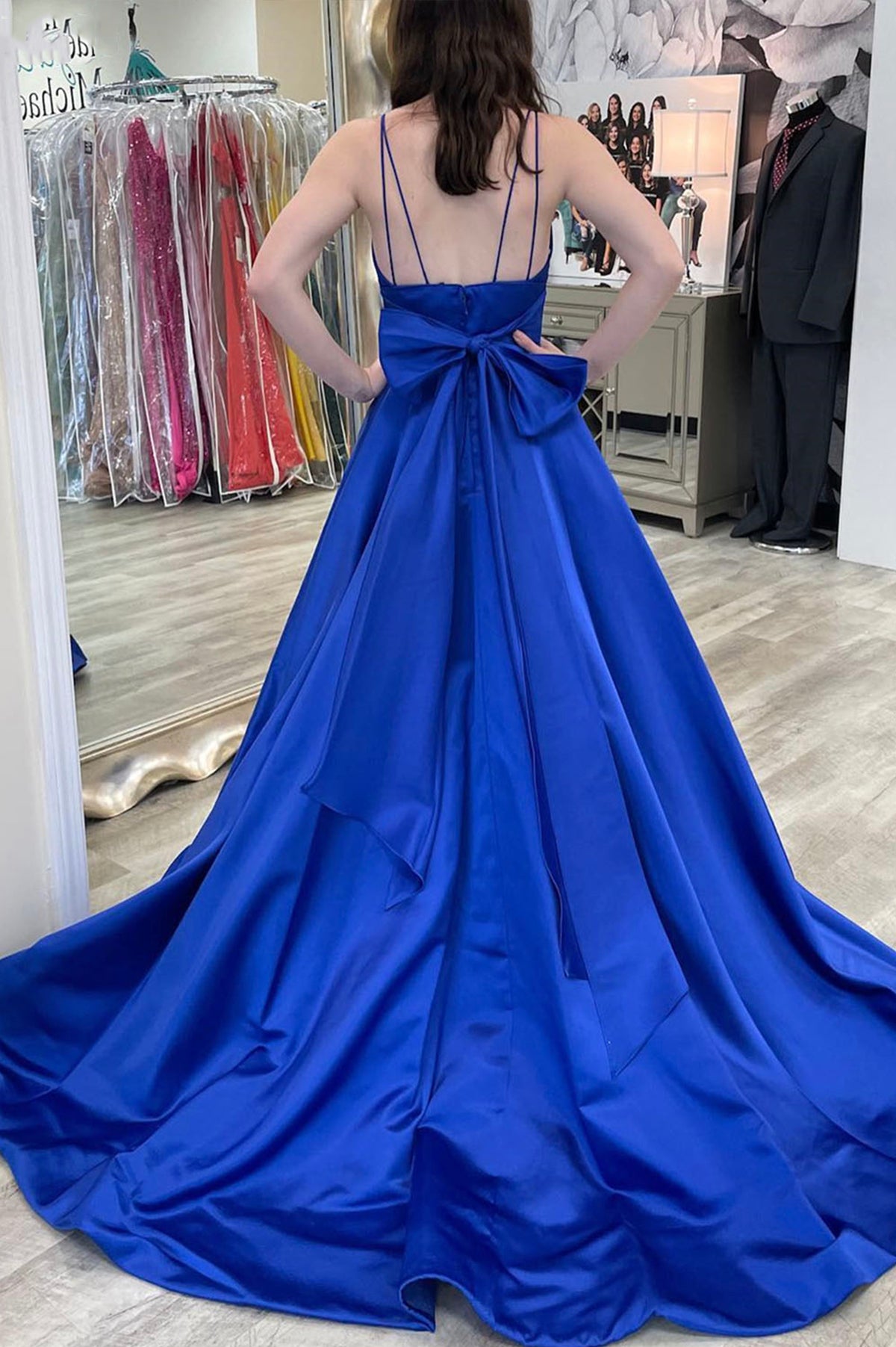 Blue V-Neck Satin Long Prom Dress, A-Line Evening Dress with Bow