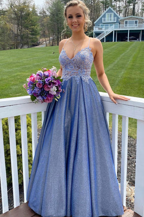 Blue V-Neck Long Prom Dress, A-Line Spaghetti Strap Evening Dress