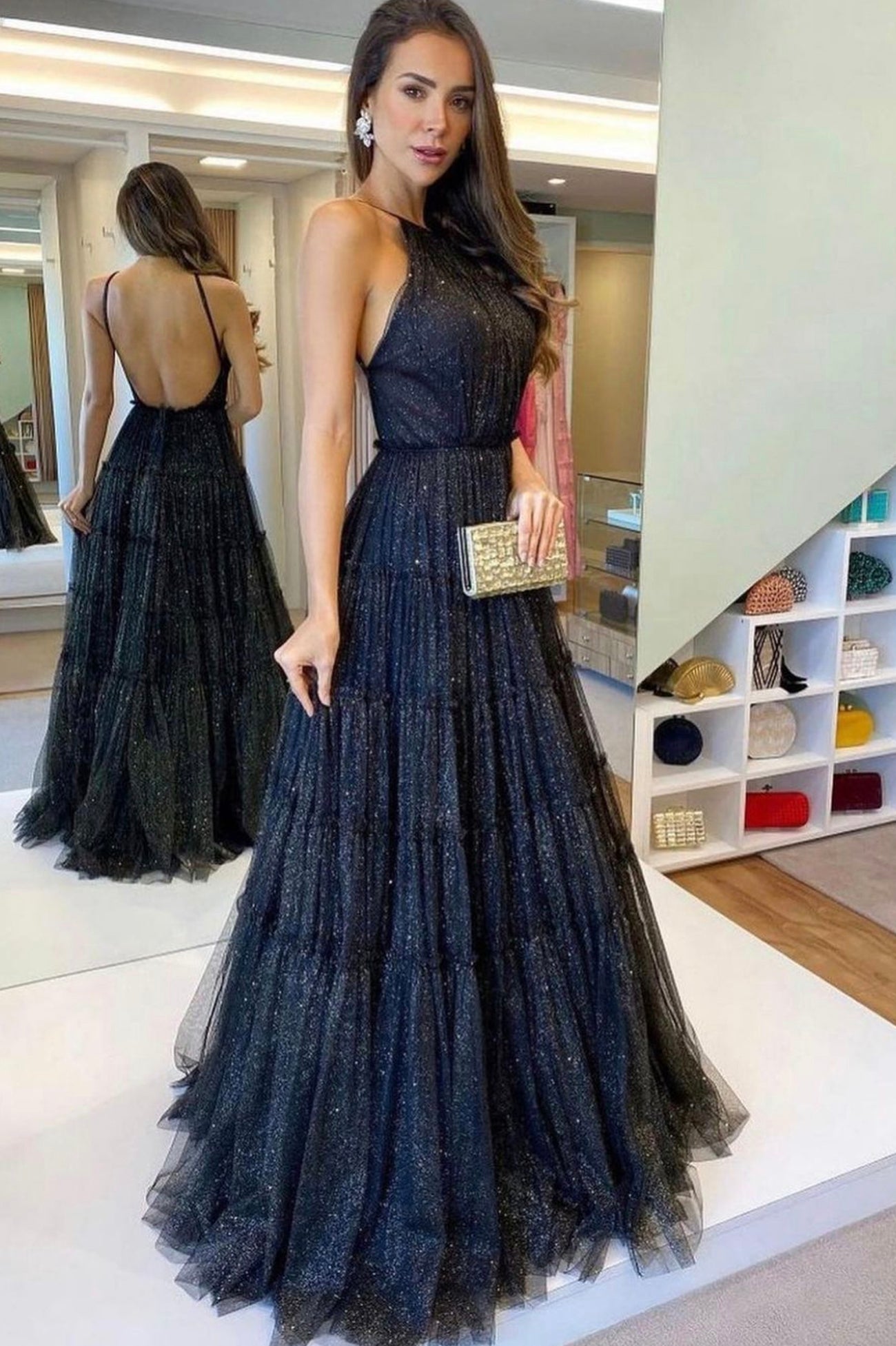 Black Tulle Long Backless Prom Dress, A-Line Black Evening Party Dress