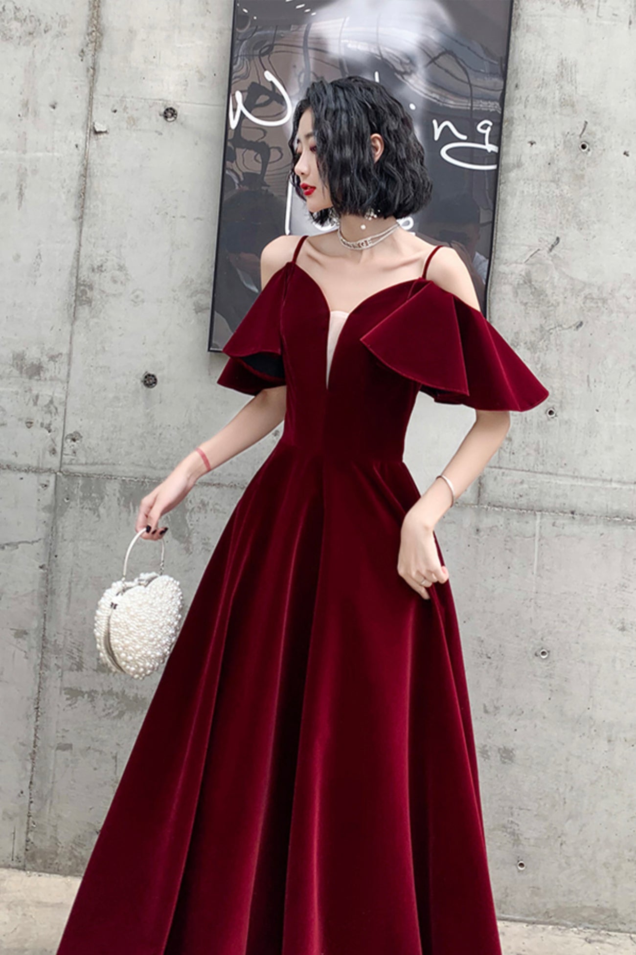 Burgundy Velvet Long A-Line Prom Dress, Simple V-Neck Evening Dress