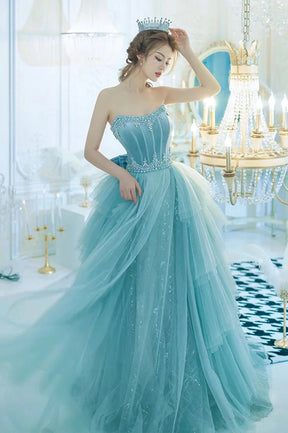Blue Strapless Tulle Long Prom Dress, Beautiful Princess Dress with Bo Blue Strapless Tulle Long Prom Dress, Beautiful Princess Dress with Bo