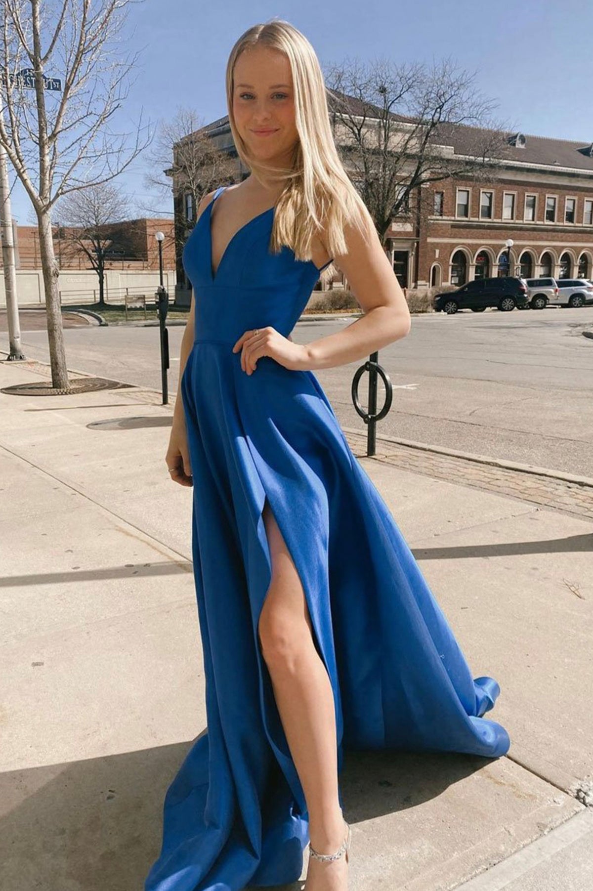 Blue Satin Long A-Line Prom Dress with Slit, A-Line V-Neck Evening Party Dress