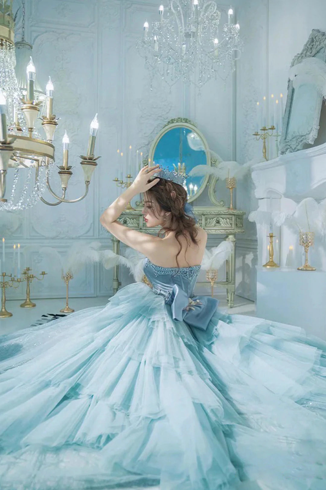 Blue Strapless Tulle Long Prom Dress, Beautiful Princess Dress with Bow