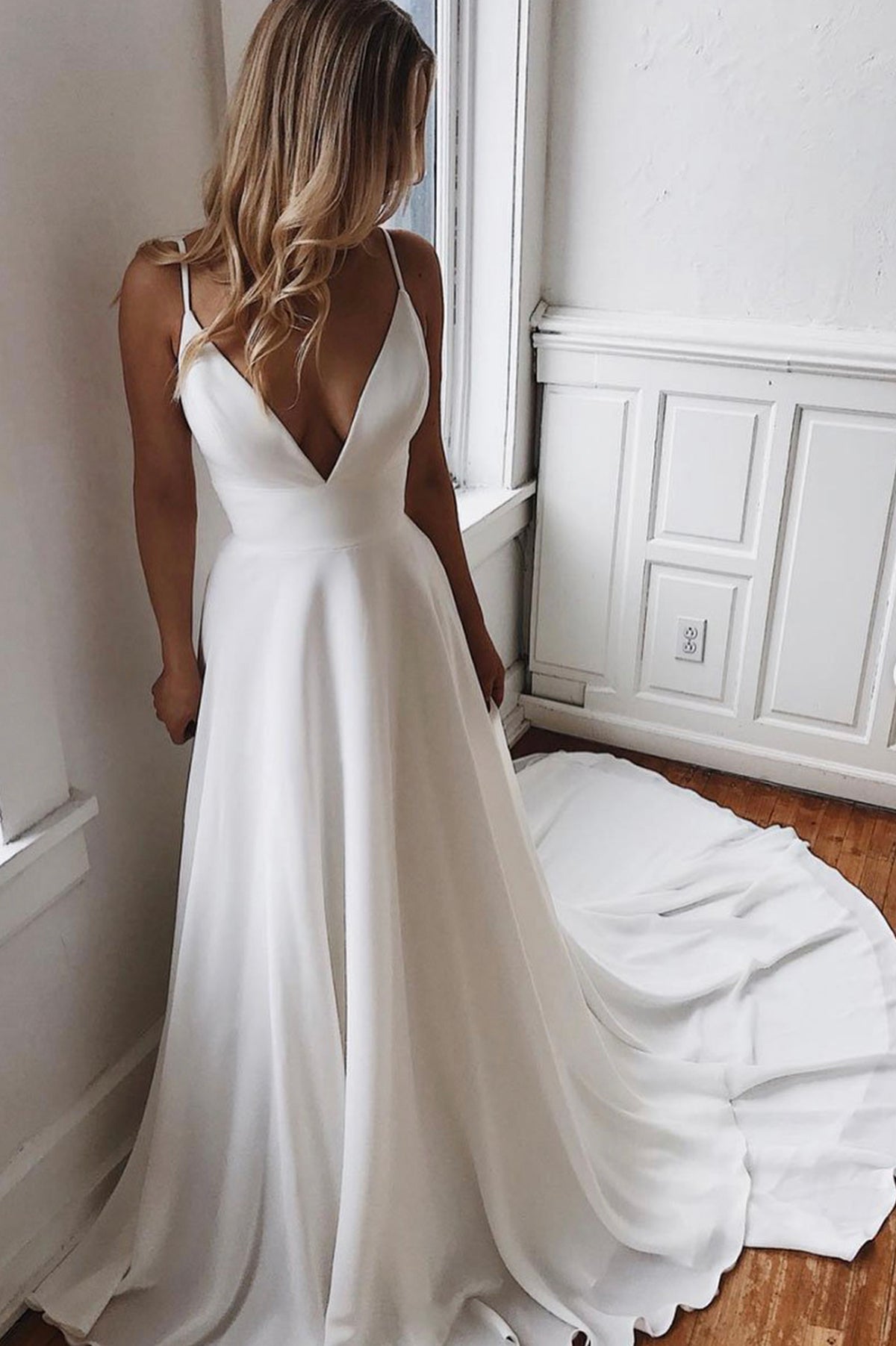 White V-Neck Lace Long Prom Dress, Spaghetti Strap A-Line Evening Dress