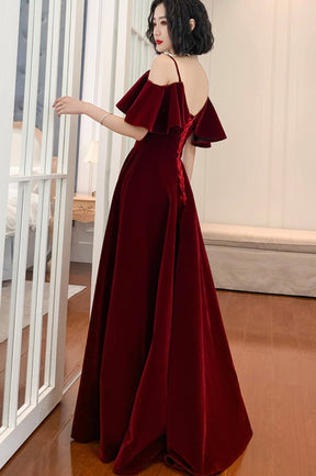Burgundy Velvet Long A-Line Prom Dress, Simple V-Neck Evening Dress