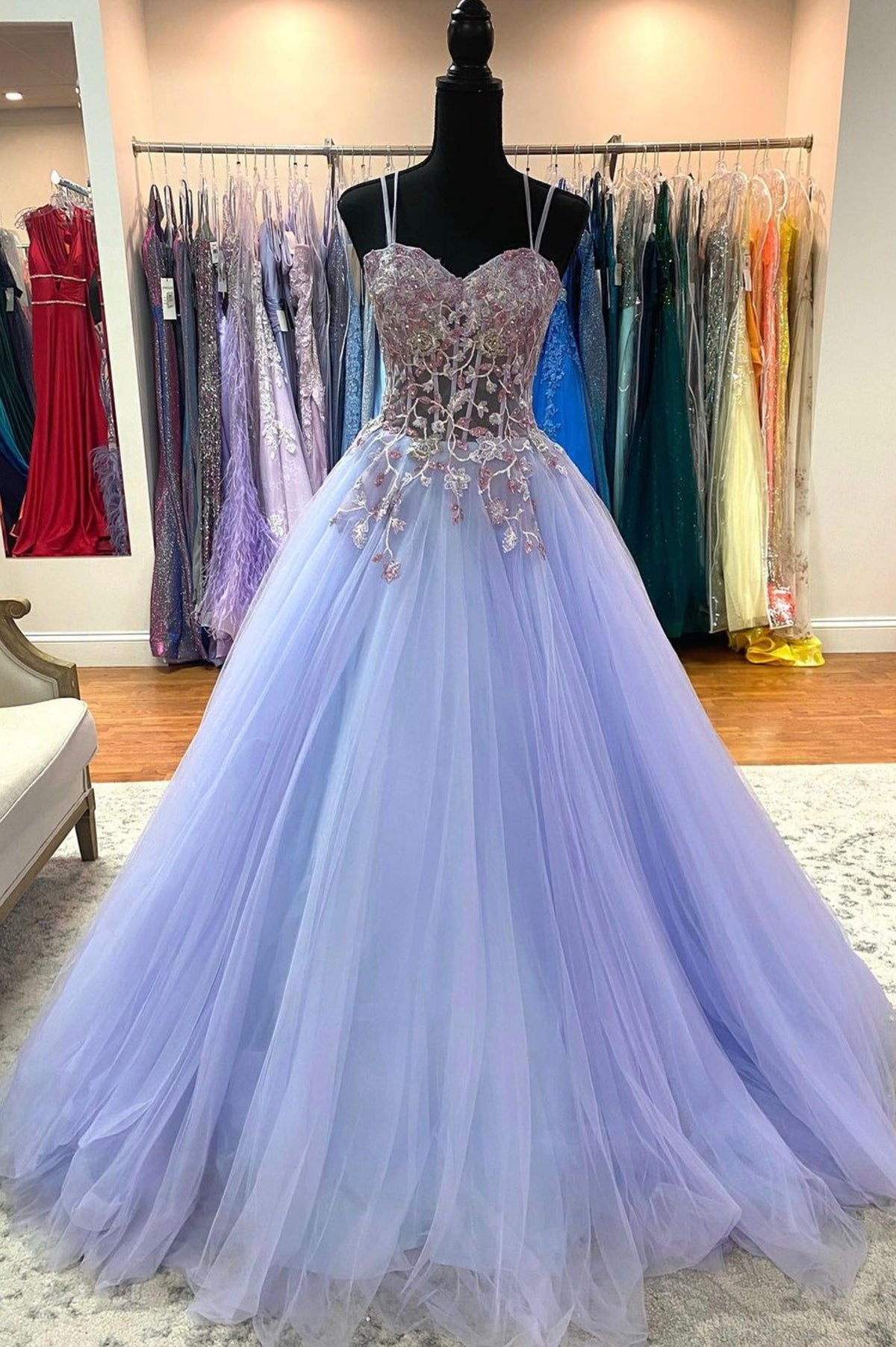 Beautiful Spaghetti Strap Lace Evening Dress, Purple A-Line Prom Dress
