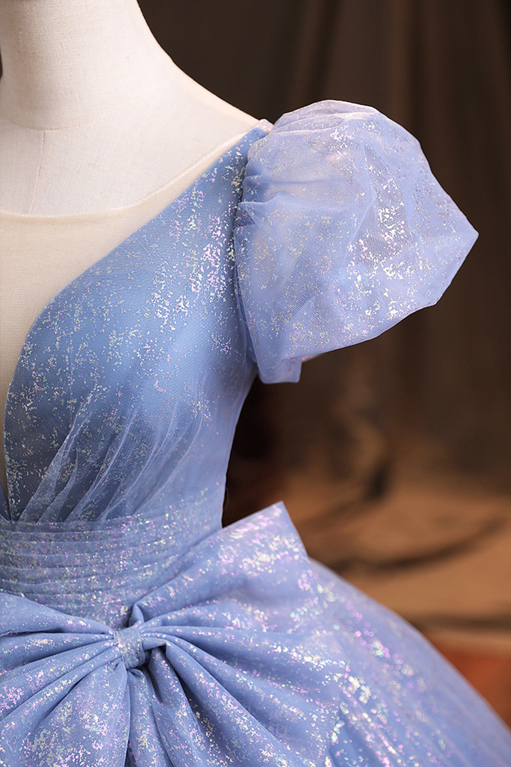 Blue V-Neck Shiny Tulle Long Prom Dress, A-Line Short Sleeve Formal Dress