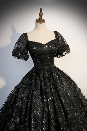 Black Tulle Sequins Long Prom Dress, A-Line Short Sleeve Formal Evening Gown