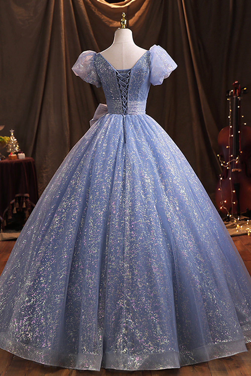 Blue V-Neck Shiny Tulle Long Prom Dress, A-Line Short Sleeve Formal Dress