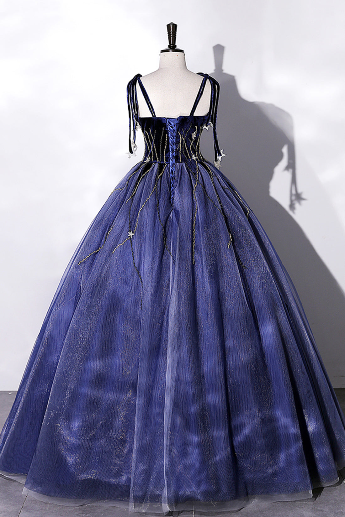 Blue Spaghetti Strap Tulle Long Prom Dress with Star, Blue Evening Par Blue Spaghetti Strap Tulle Long Prom Dress with Star, Blue Evening Par