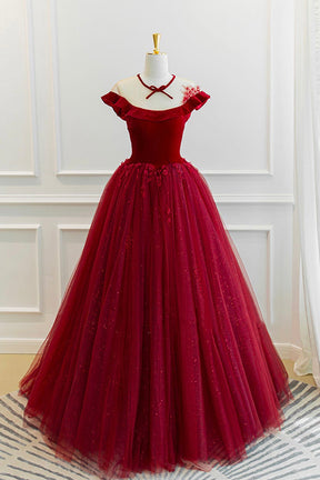 Burgundy Velvet Long A-Line Prom Dress, Burgundy Formal Evening Dress