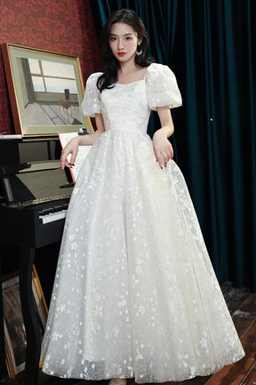 Cute Tulle Long A-Line Prom Dress, White Short Sleeve Evening Party Dress