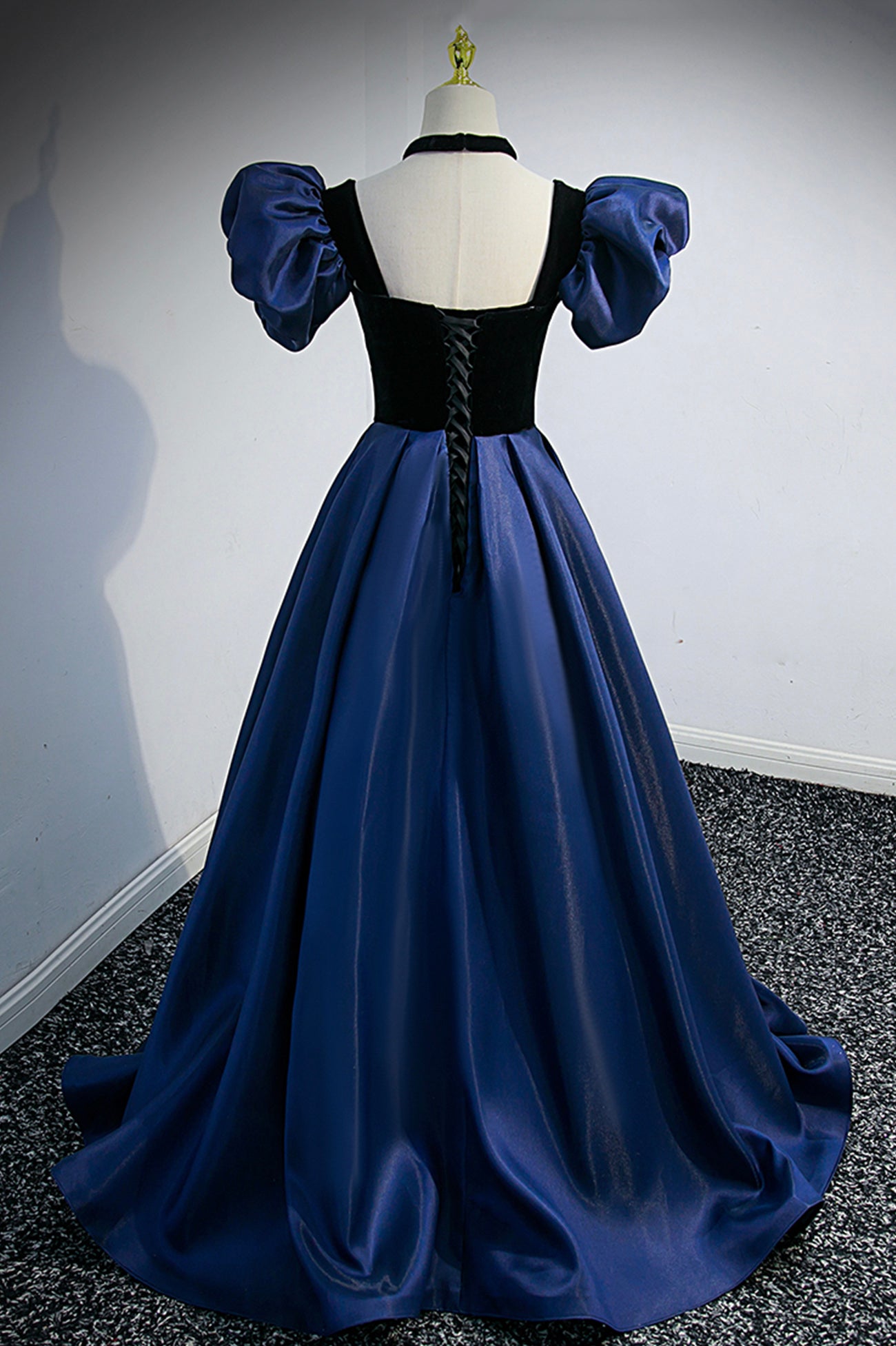 Blue Satin Lace Long Prom Dress, Blue Short Sleeve Evening Party Dress Blue Satin Lace Long Prom Dress, Blue Short Sleeve Evening Party Dress