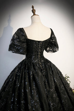 Black Tulle Sequins Long Prom Dress, A-Line Short Sleeve Formal Evening Gown
