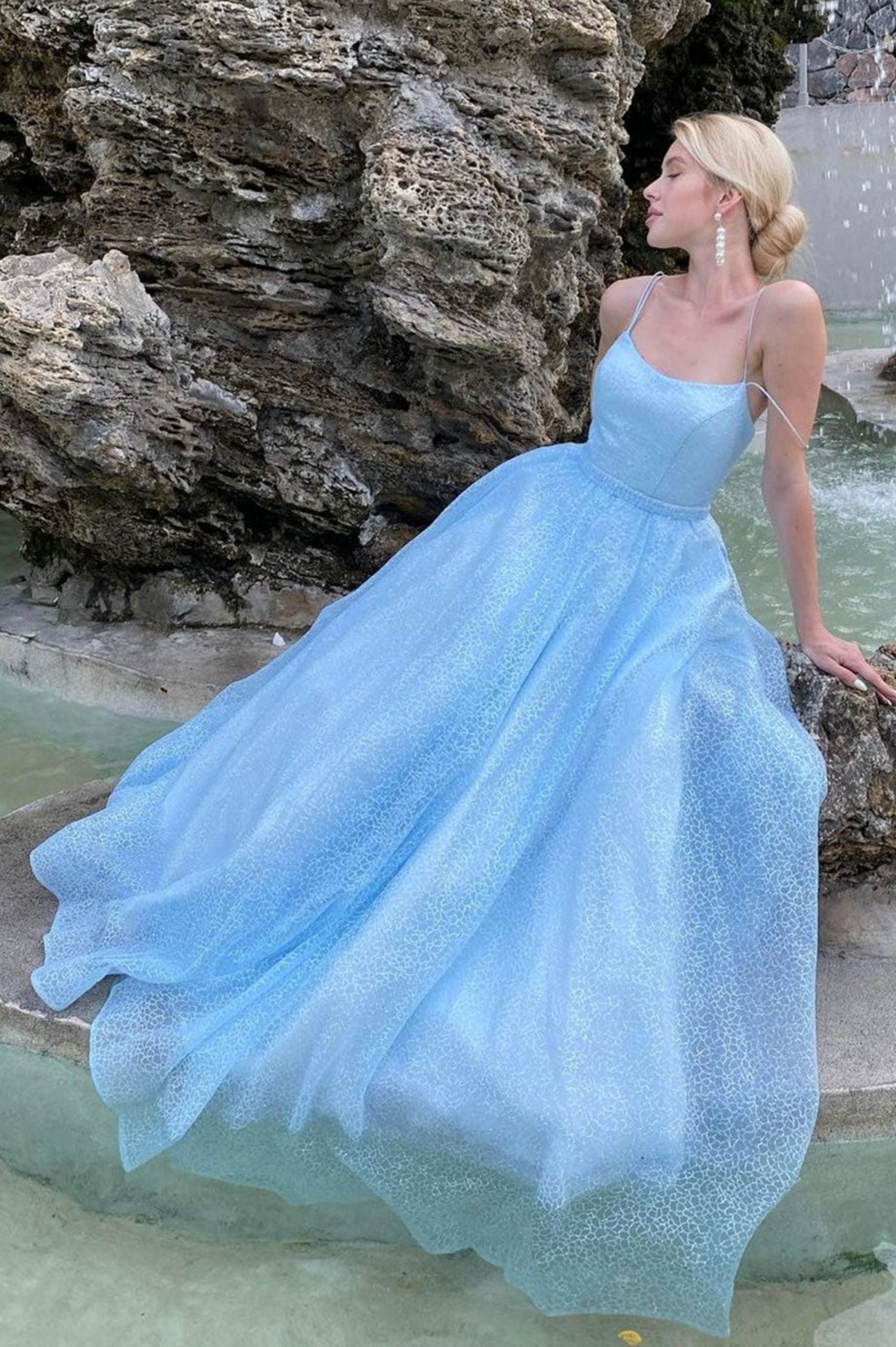 Beautiful Tulle Spaghetti Straps Floor Length Prom Dress, Blue A-Line Party Dress