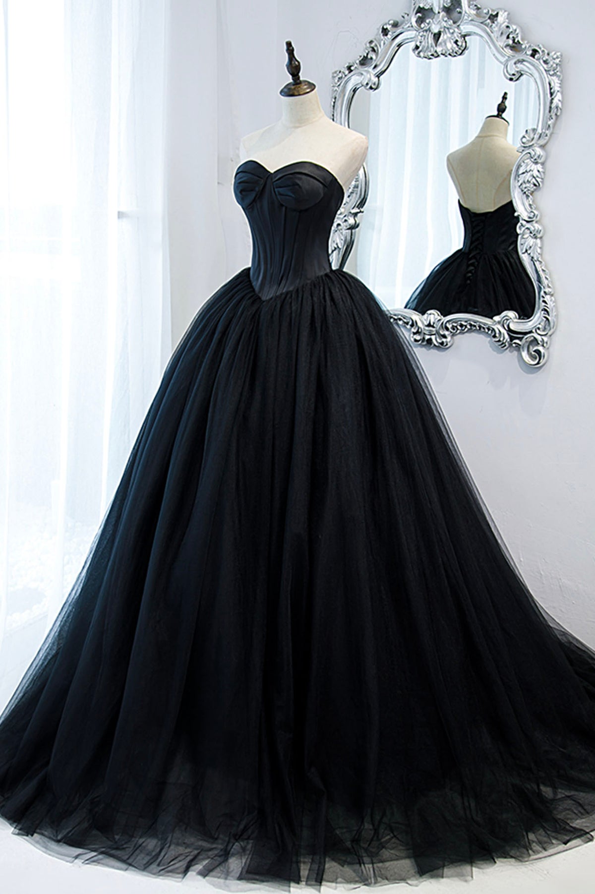 Black Strapless Tulle Long A-Line Prom Dress, Black Formal Evening Gown