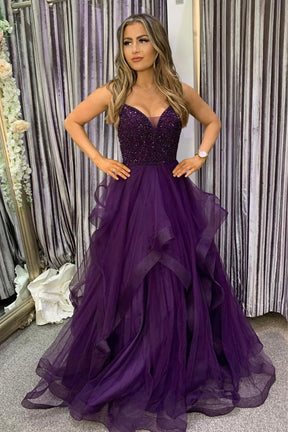 Purple Tulle Beaded Long Prom Dress, V Neck Spaghetti Strap Evening Dress